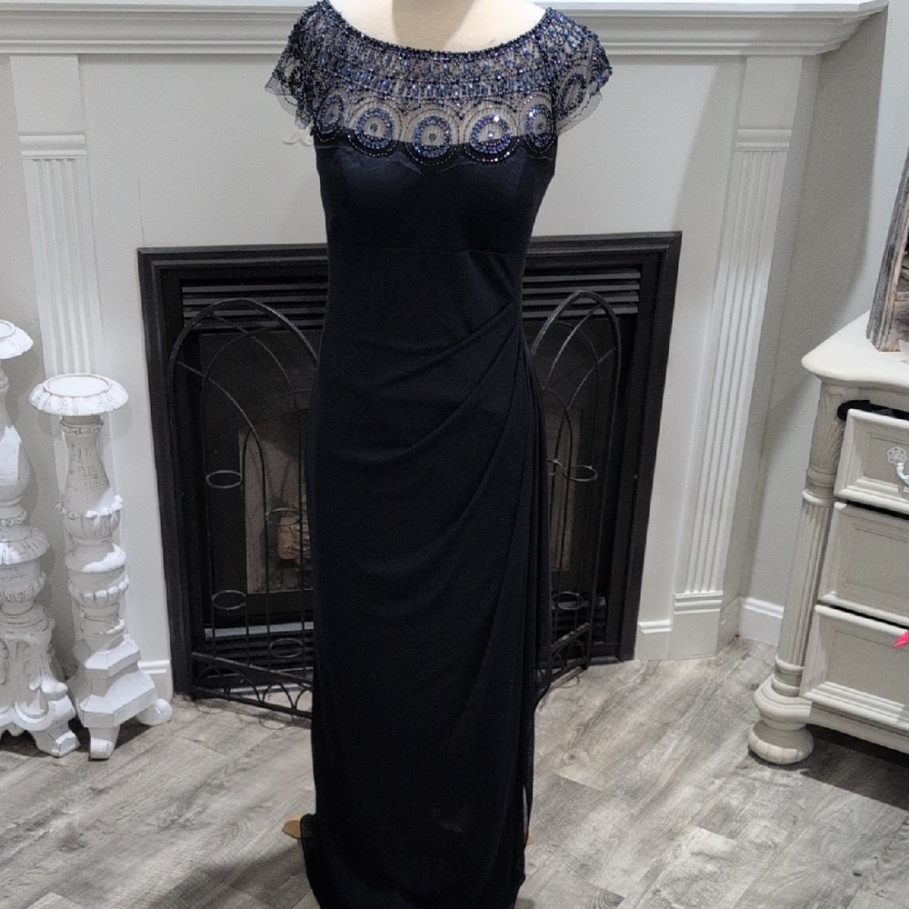 Xscape Elegant Navy Maxi Dress with Beaded Neckline Size 4